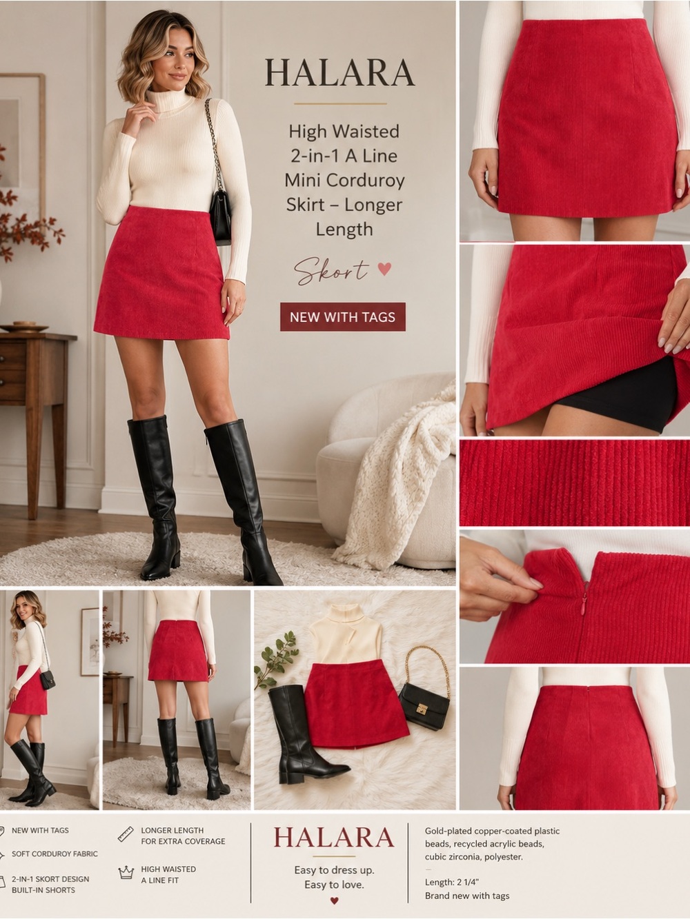 HALARA High Waisted 2-in-1 A Line Mini Corduroy Casual Skirt-Longer Length NWT